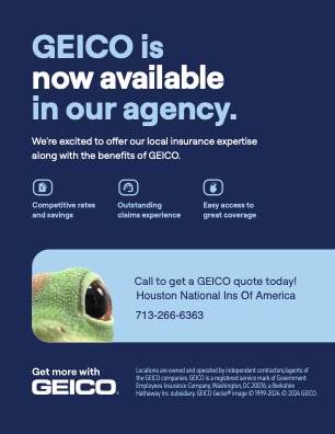 Promotional poster for GEICO insurance, highlighting local agency availability, competitive rates, outstanding claim experiences, and easy access to great coverage.